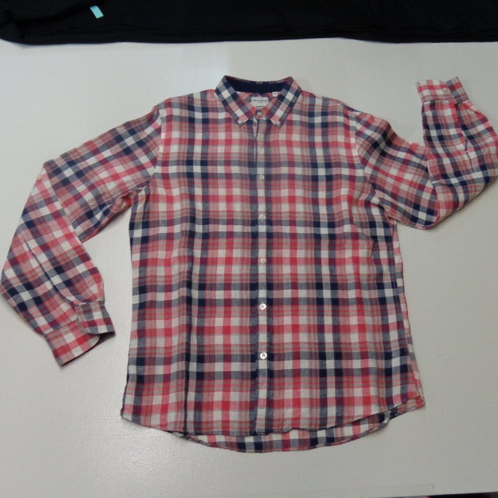 Baird McNutt 100% Linen Murano Size Large Red/White/Blue Plaid Button-Down
